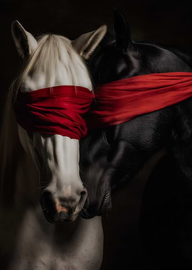 Blindfolded Horses in Dramatic Lighting