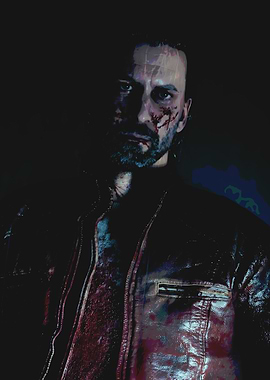 Man with bloody face in leather jacket