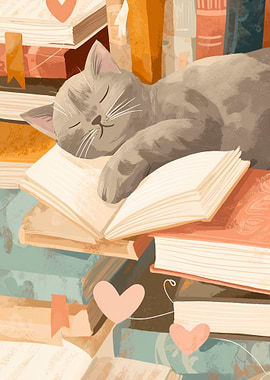 Cat Sleeping on Books