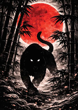 Tiger, Panther Under Red Moon Japanese Art