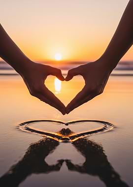 Couple's Hands Forming Heart at Sunset