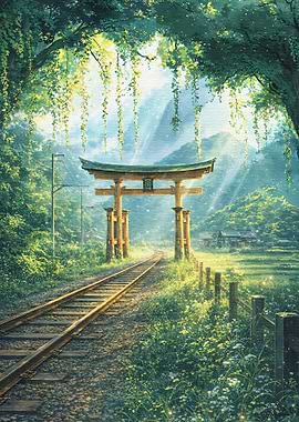 Tranquil Torii Gate and Train Tracks