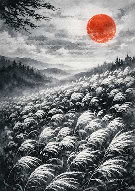 Red Sun Over Grassy Hills