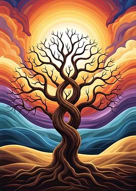 Twisted Tree Against a Vibrant Sunset