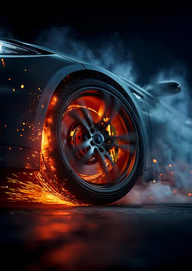 Car Tire Burning Rubber and Sparks