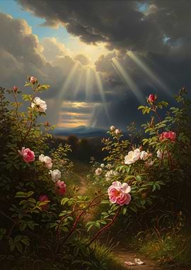 Sunbeams through storm clouds over roses