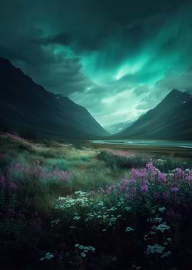 Aurora Borealis over a Mountain Valley