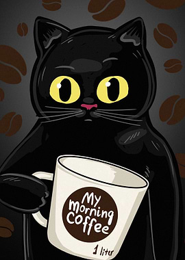 Black Cat with Coffee Mug