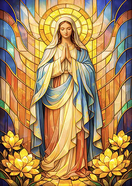 Stained Glass Virgin Mary with Flowers