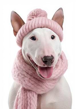 Cozy Miniature Bull Terrier Dog Wearing Pink Winter Hat and Scarf