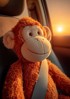 Plush Monkey in Car at Sunset