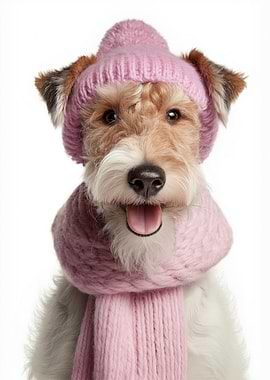 Cute Wire Fox Terrier Wearing Pink Winter Hat and Scarf