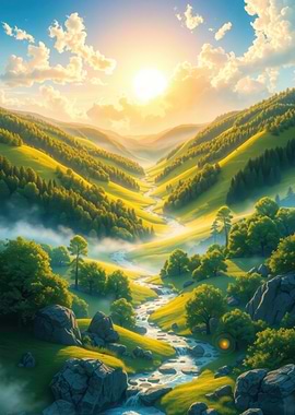 Sunrise Over a Lush Valley