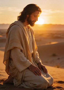 Jesus praying in the desert at sunset