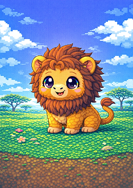 Cute Cartoon Lion in a Field