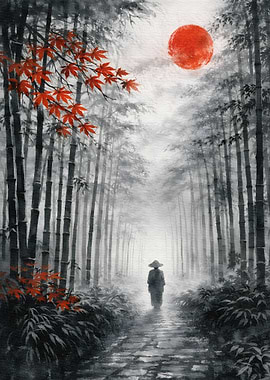 Monk in Bamboo Forest with Red Sun