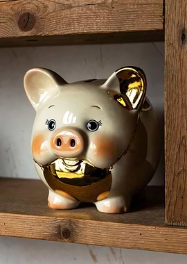 Kintsugi Piggy Bank on Wooden Shelf