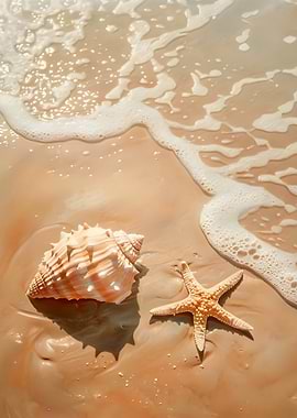 Seashell and Starfish on Wet Sand