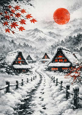Winter Village with Red Sun