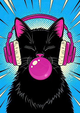 Black Cat with Headphones and Bubblegum