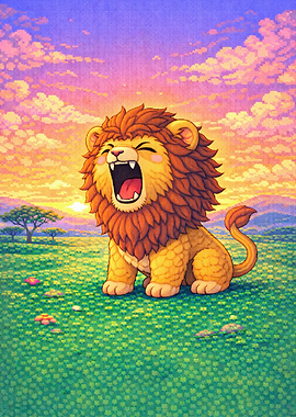 Cute Lion Yawning at Sunrise