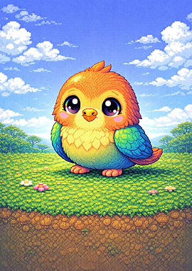 Cute Pixel Art Bird in a Meadow