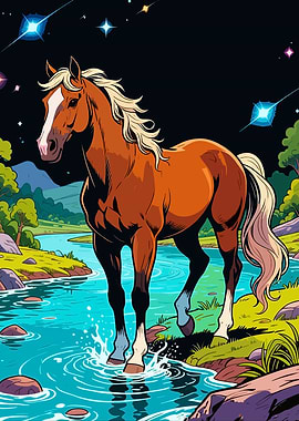 Horse in a starry river landscape
