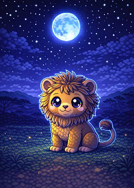Cute Lion Under the Moon