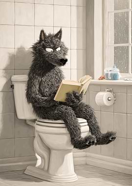 Wolf Reading on Toilet