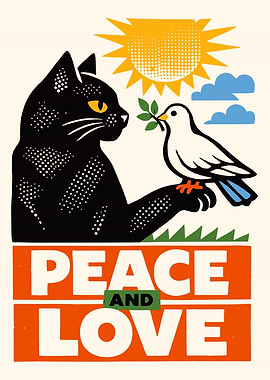 Peace and Love Cat and Dove Poster