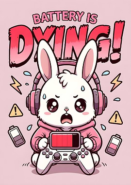 Cute Bunny Gamer with Low Battery