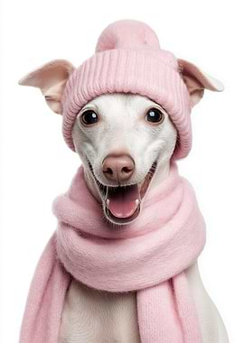Cozy American Hairless Terrier Dog Wearing Pink Hat and Scarf