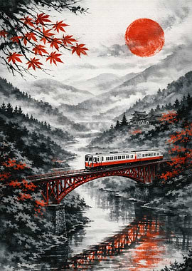 Japanese Train Crossing a Bridge at Sunset