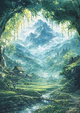 Misty Mountain Village Landscape