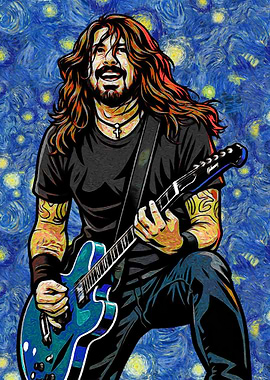 Dave Grohl Playing Guitar in Starry Night Style