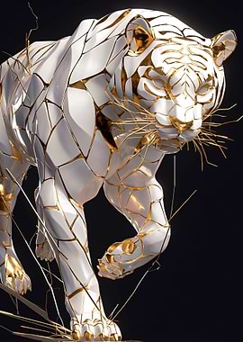 White Tiger Sculpture with Gold Accents