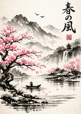 Japanese Spring Landscape with Cherry Blossoms