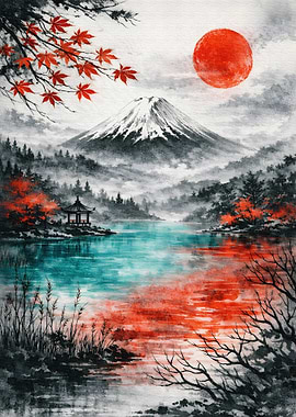 Mount Fuji with Red Sun and Autumn Leaves