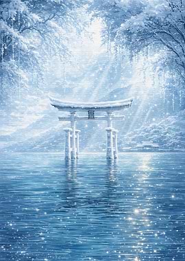 Snowy Torii Gate in Water