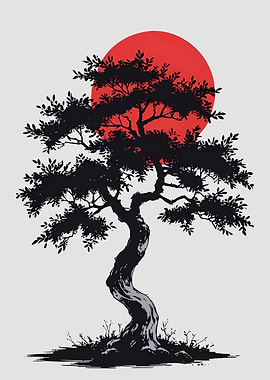 Bonsai Tree and Red Sun
