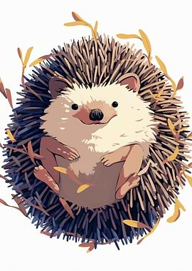 Cute Hedgehog with Autumn Leaves
