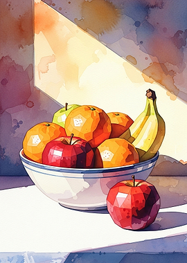 Watercolor Still Life of Fruit in a Bowl