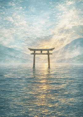 Torii Gate in Water at Sunrise