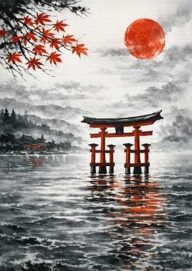 Japanese Torii Gate and Maple Leaves