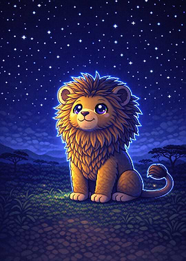 Cute Lion Under Starry Night Sky