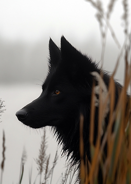 Black wolf in tall grass by lake