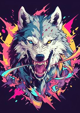 Aggressive Wolf with Colorful Splashes