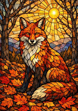 Stained Glass Fox in Autumn Forest