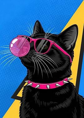 Black Cat with Pink Sunglasses and Bubble Gum