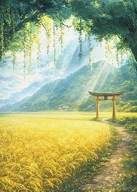 Golden Rice Field with Torii Gate